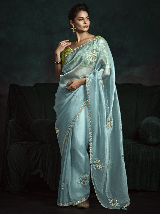 Attractive Sky-Blue Embroidered Tissue Silk Engagement Wear Saree