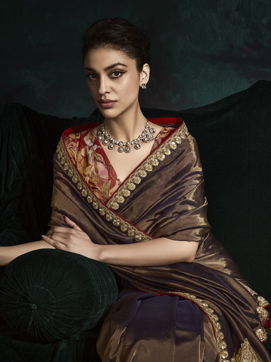 Adorable Brown Tissue Silk Festival Wear Saree With Blouse