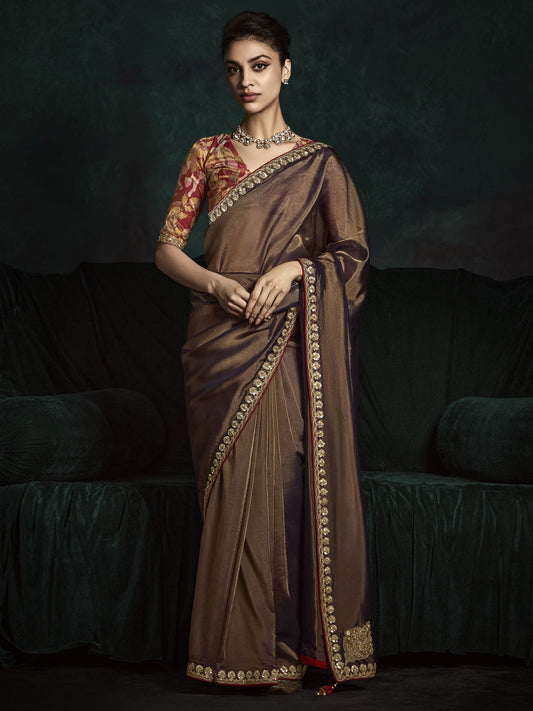 Adorable Brown Tissue Silk Festival Wear Saree With Blouse