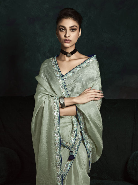 Charming Pista Green Tissue Silk Event Wear Saree With Blouse