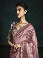 Enchanting Pink Tissue Silk Engagement Wear Saree With Blouse