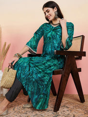 Green Abstract Dyed High-Low Flared Sleeves Kurta