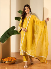 Floral Embroidered V-Neck Thread Work Straight Kurta & Trousers With Dupatta