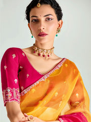 Red And Yellow Embroidered Shaded Silk Sari