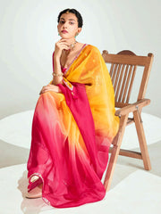 Red And Yellow Embroidered Shaded Silk Sari