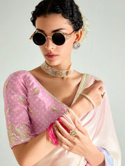 Pink And Cream Embroidered Shaded Silk Sari