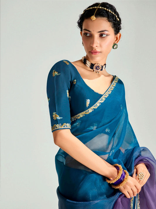 Purple And Blue Embroidered Shaded Silk Sari
