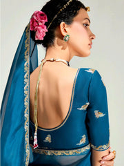 Purple And Blue Embroidered Shaded Silk Sari