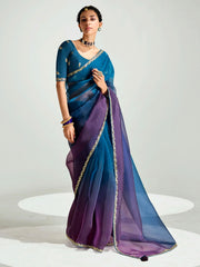 Purple And Blue Embroidered Shaded Silk Sari