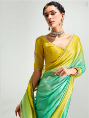 Green And Yellow Embroidered Shaded Silk Sari