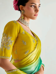 Green And Yellow Embroidered Shaded Silk Sari