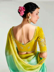Green And Yellow Embroidered Shaded Silk Sari