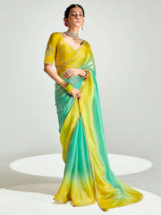 Green And Yellow Embroidered Shaded Silk Sari