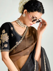 Black And Brown Embroidered Shaded Silk Sari