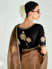 Black And Brown Embroidered Shaded Silk Sari