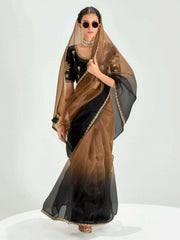 Black And Brown Embroidered Shaded Silk Sari
