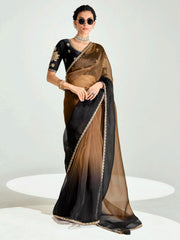 Black And Brown Embroidered Shaded Silk Sari