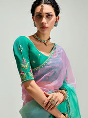 Green And Pink Embroidered Shaded Silk Sari