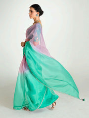 Green And Pink Embroidered Shaded Silk Sari