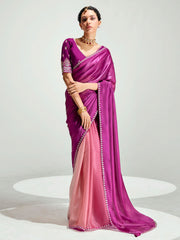 Magenta And Peach Embroidered Shaded Silk Sari