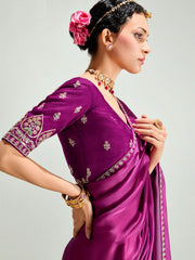 Magenta And Peach Embroidered Shaded Silk Sari