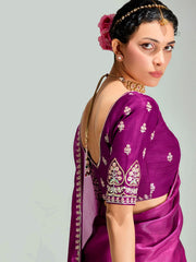 Magenta And Peach Embroidered Shaded Silk Sari