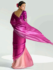 Magenta And Peach Embroidered Shaded Silk Sari
