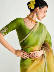 Yellow And Green Embroidered Shaded Silk Sari