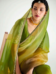 Yellow And Green Embroidered Shaded Silk Sari