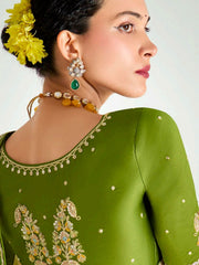Yellow And Green Embroidered Shaded Silk Sari
