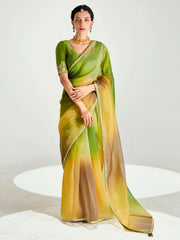 Yellow And Green Embroidered Shaded Silk Sari