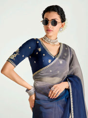 Blue And Beige Embroidered Shaded Silk Sari