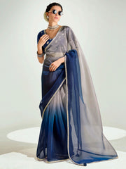 Blue And Beige Embroidered Shaded Silk Sari