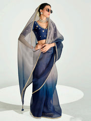 Blue And Beige Embroidered Shaded Silk Sari