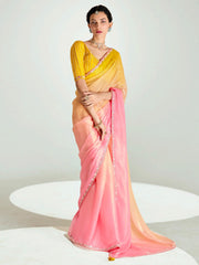 Peach And Yellow Embroidered Shaded Silk Sari