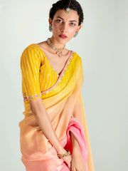 Peach And Yellow Embroidered Shaded Silk Sari