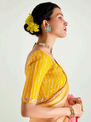 Peach And Yellow Embroidered Shaded Silk Sari