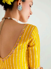 Peach And Yellow Embroidered Shaded Silk Sari