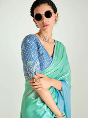 Blue And Green Embroidered Shaded Silk Sari