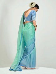 Blue And Green Embroidered Shaded Silk Sari