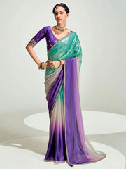 Violet And Green Embroidered Shaded Silk Sari