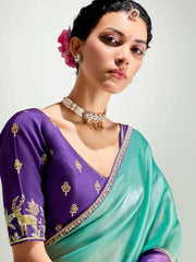 Violet And Green Embroidered Shaded Silk Sari