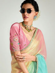 Pink And Blue Embroidered Shaded Silk Sari