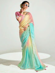 Pink And Blue Embroidered Shaded Silk Sari