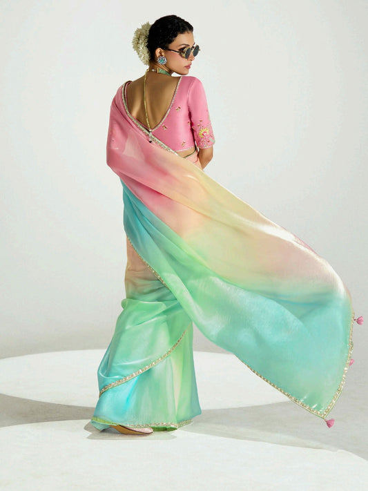 Pink And Blue Embroidered Shaded Silk Sari