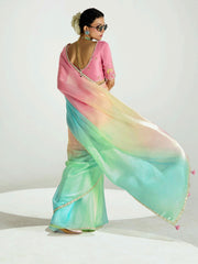 Pink And Blue Embroidered Shaded Silk Sari