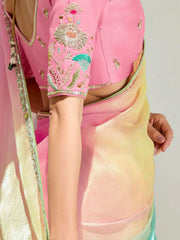Pink And Blue Embroidered Shaded Silk Sari