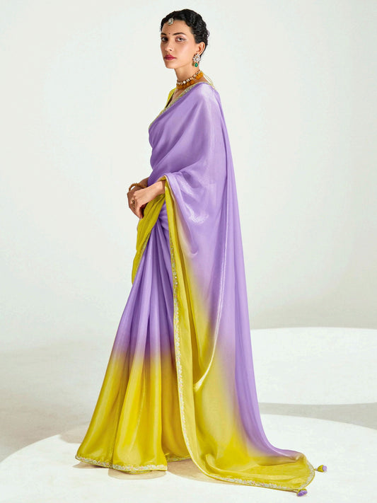 Purple And Yellow Embroidered Shaded Silk Sari