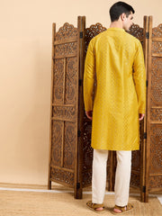 Mustard Striped Embroidered Mandarin Collar Straight Kurta