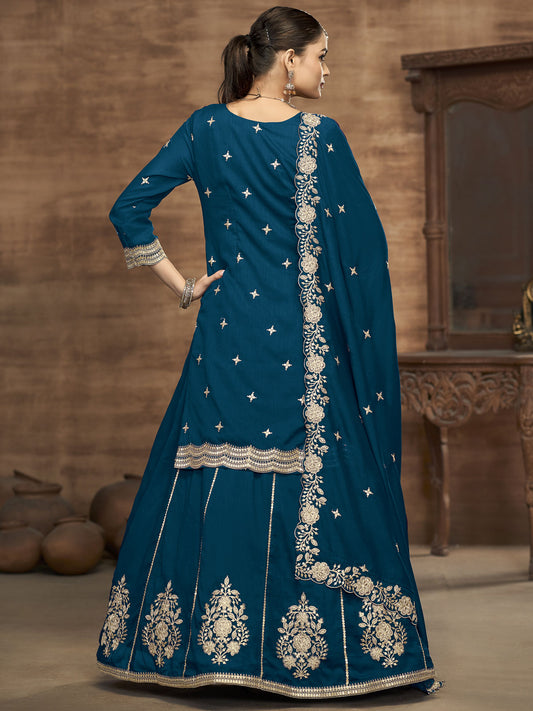 Blue Kurti Style Embroidered Silk Lehenga Style Suit